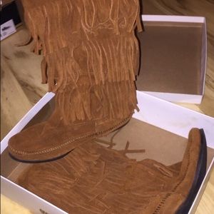 Minnetonka fringe boots in brown suede